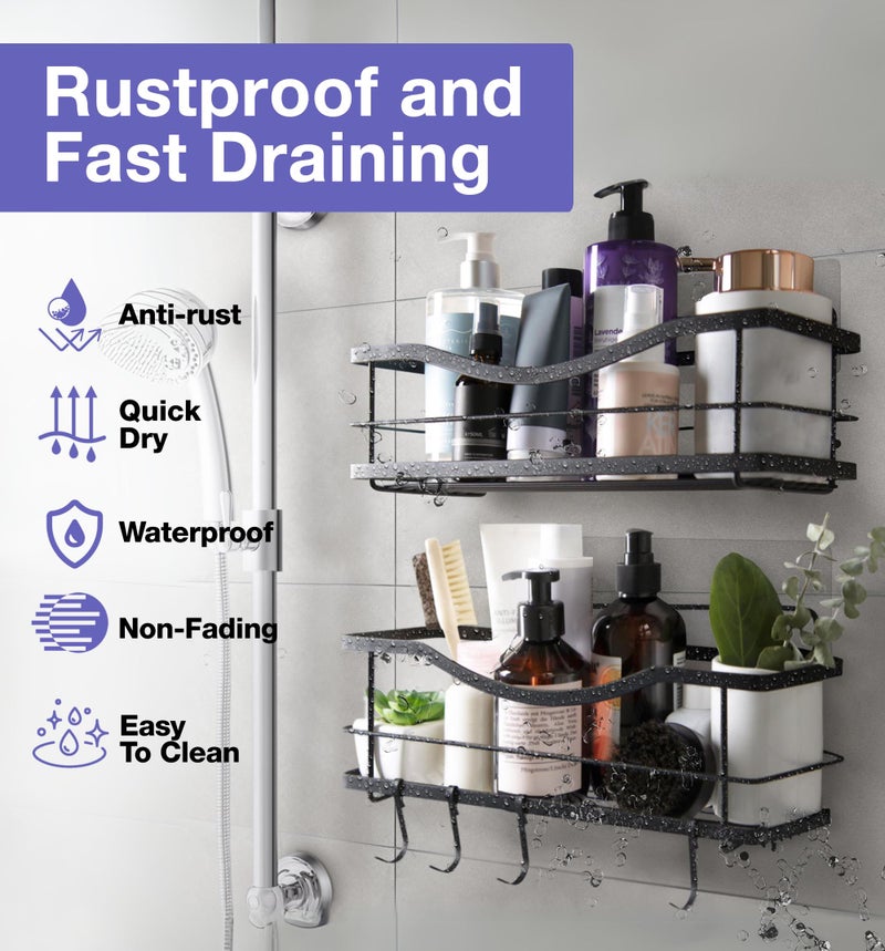 KINCMAX Premium Shower Caddy, Self Adhesive Shower Organizer w/ 4 Hooks, No Drill Shelves for Inside Shower, Rustproof Stainless Steel Shower Rack for Bathroom, Matte Black - Image 5